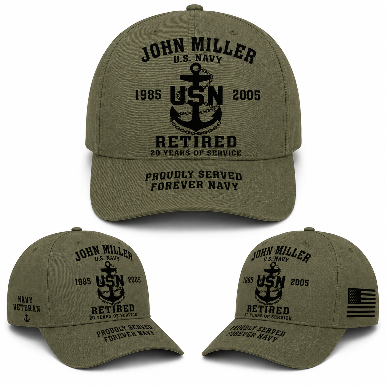 Custom US Navy Retired Veteran Name and Service Years Baseball Cap