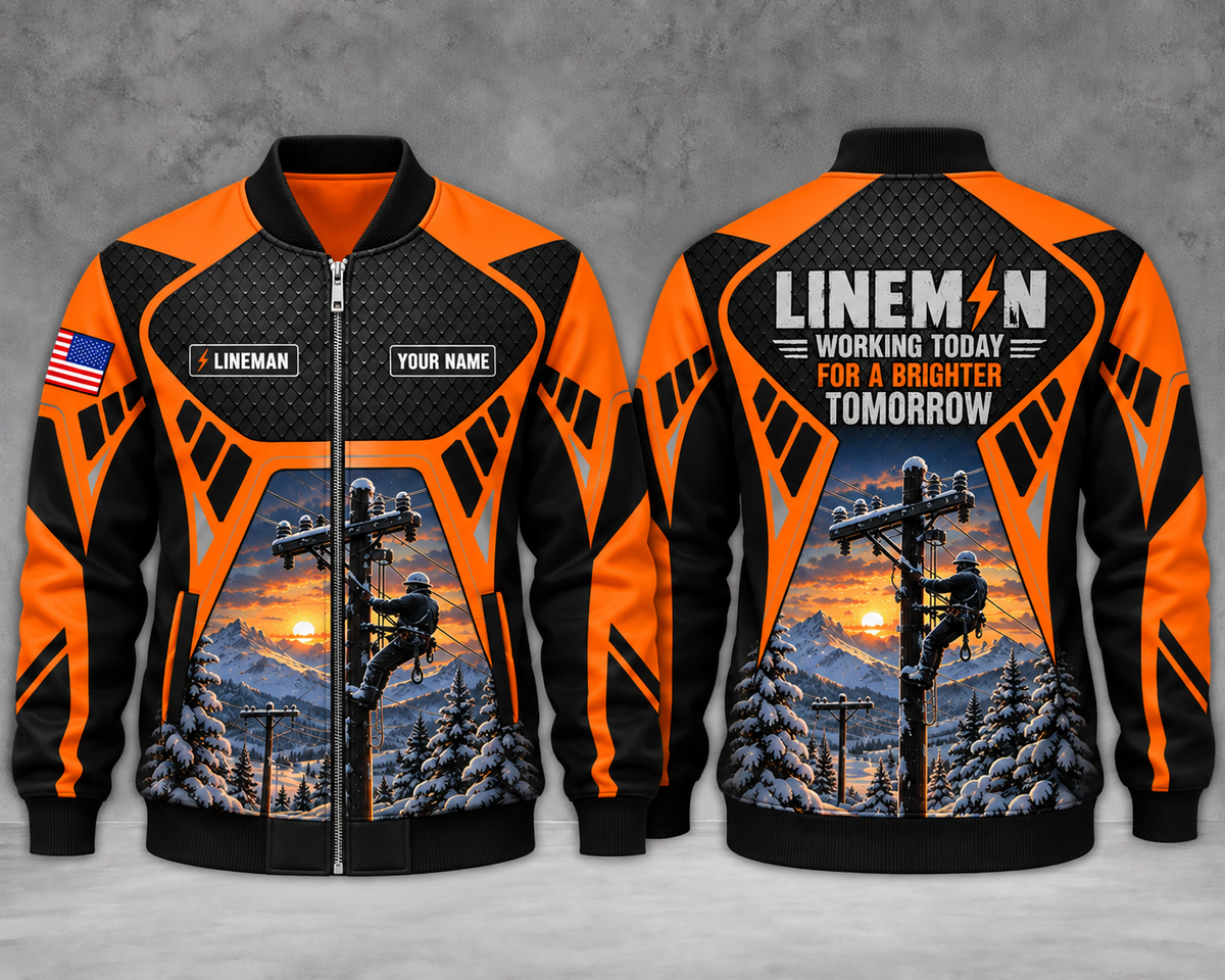 Personalized Lineman Working Today For A Brighter Tomorrow AOP Fleece Bomber Jacket