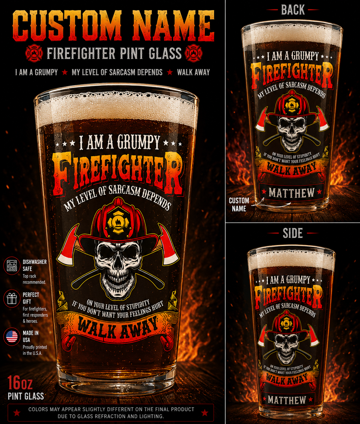 Grumpy Firefighter Walk Away Custom Beer Glass