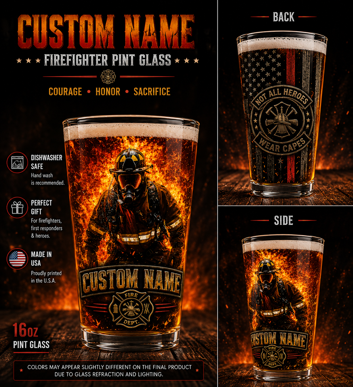 Custom Name Firefighter Pint Glass Courage Honor Sacrifice