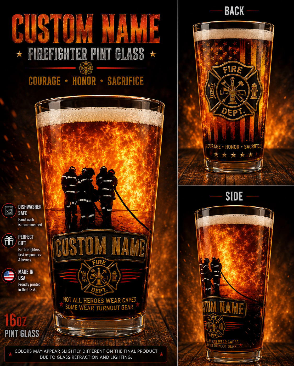 Custom Name Firefighter Brotherhood Pint Glass 16oz
