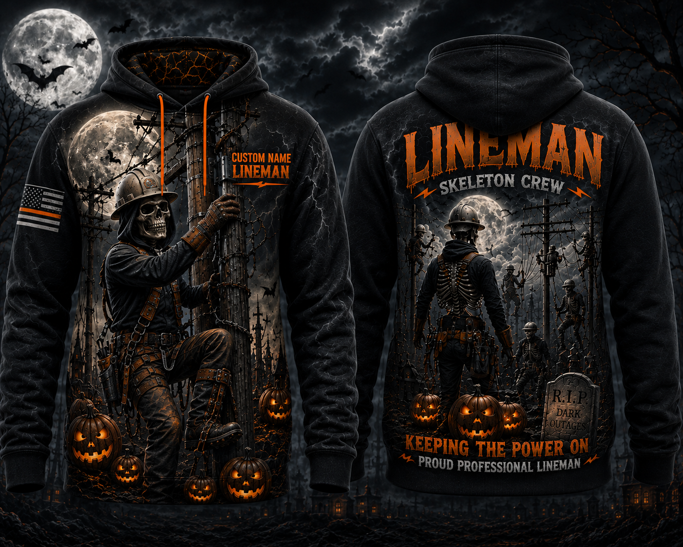 Custom Name Lineman Skeleton Crew Keeping The Power On Halloween 3D Hoodie