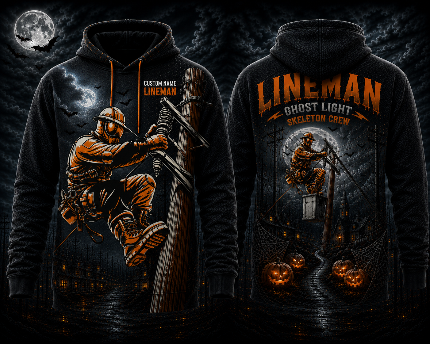 Custom Name Lineman Ghost Light Skeleton Crew Halloween 3D Hoodie