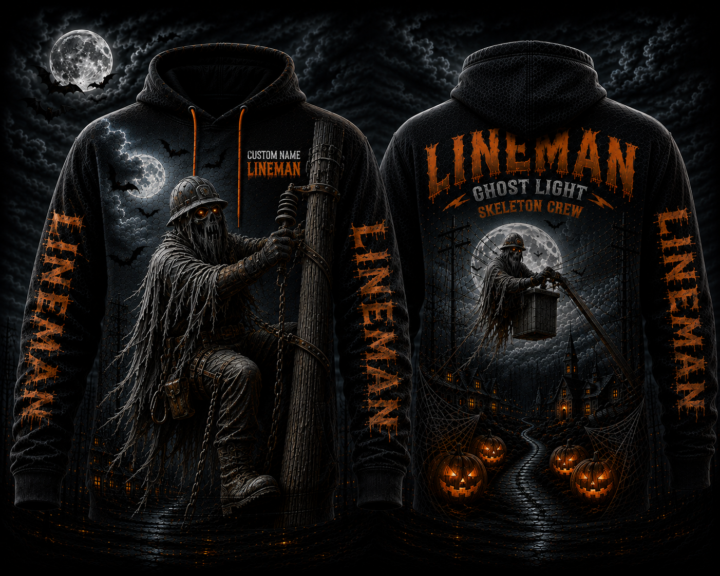 Custom Name Lineman Ghost Light Skeleton Crew Halloween 3D Hoodie