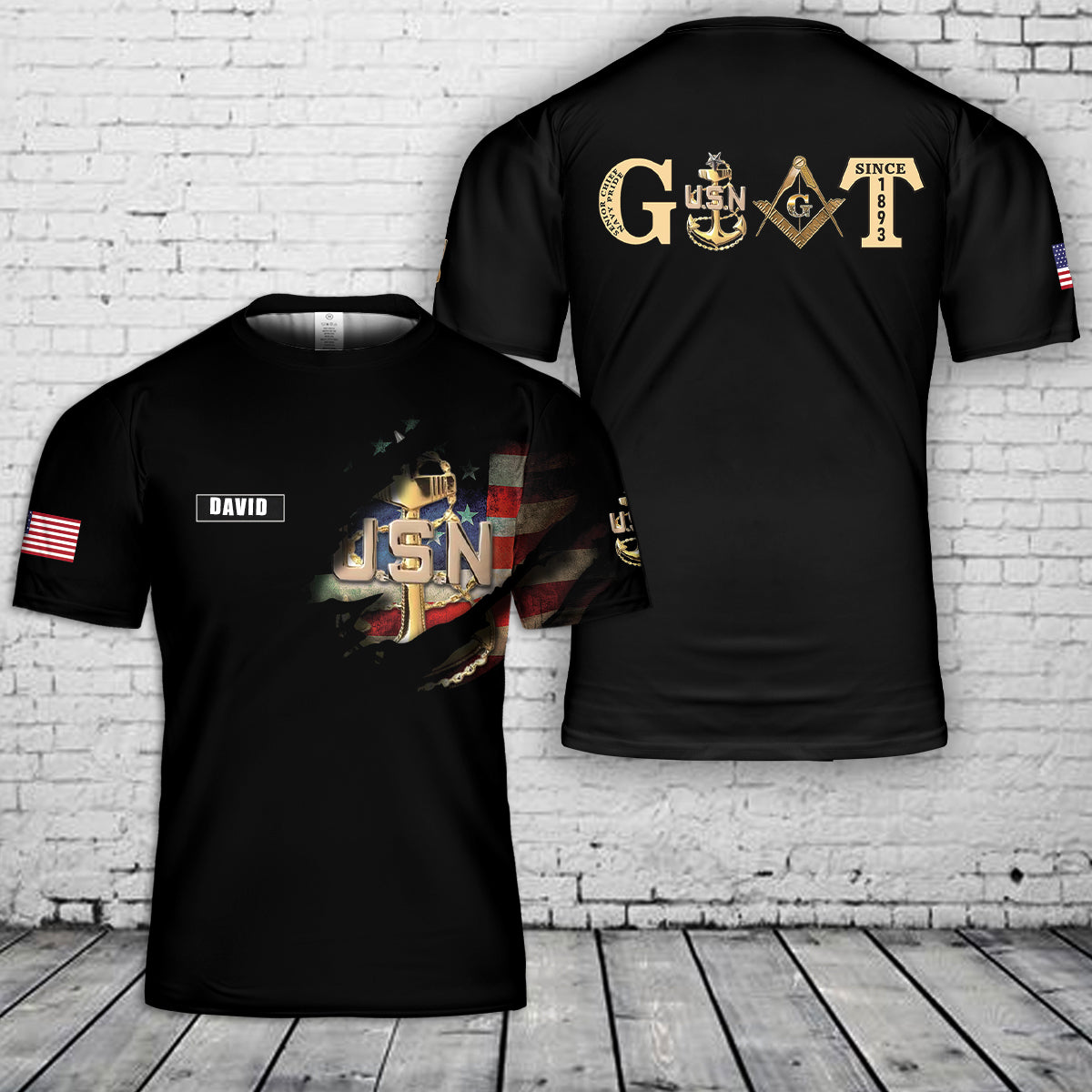 Custom name US Navy GOAT Masonic Senior Chief 3D T-Shirt