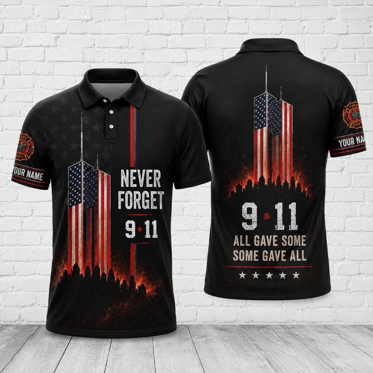 Firefighter 9/11 Never Forget Memorial Polo Shirt - Custom Name Patriotic Gift