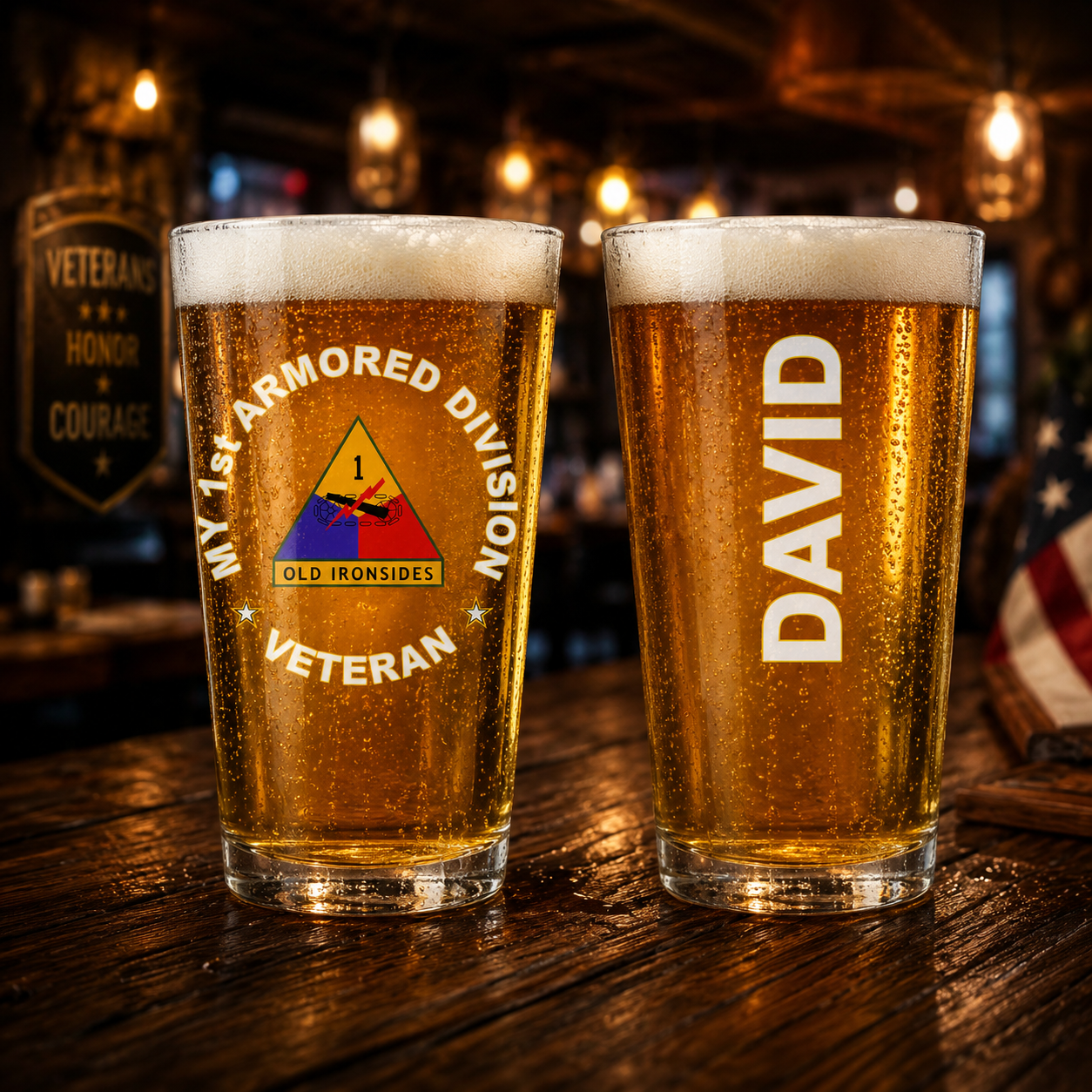 Custom Name US Army 1st Armored Old Ironsides 16oz Pint Beer Glass