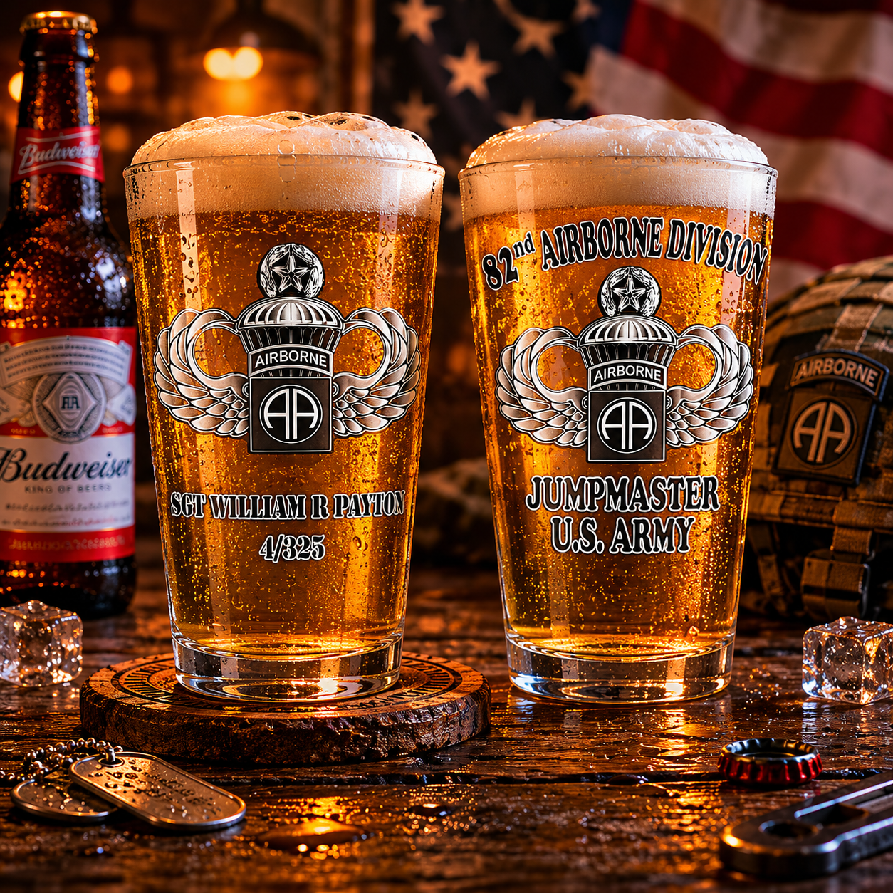 Custom Name, Rank & Unit US Army 82nd Airborne Jumpmaster - Master Jump Wings 16oz Pint Beer Glass