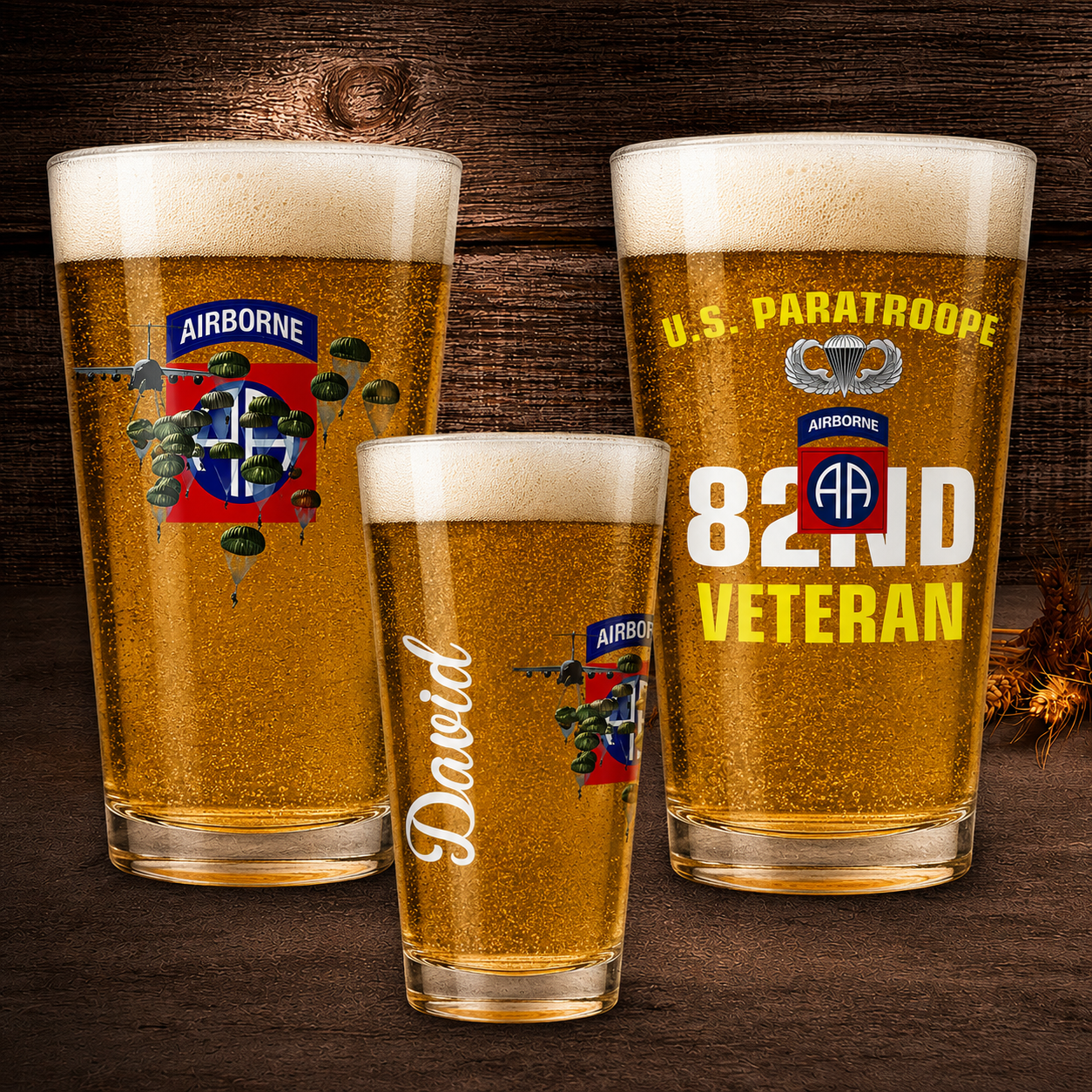 Custom Name US Army 82nd Airborne Division Veteran Paratrooper 16oz Pint Beer Glass