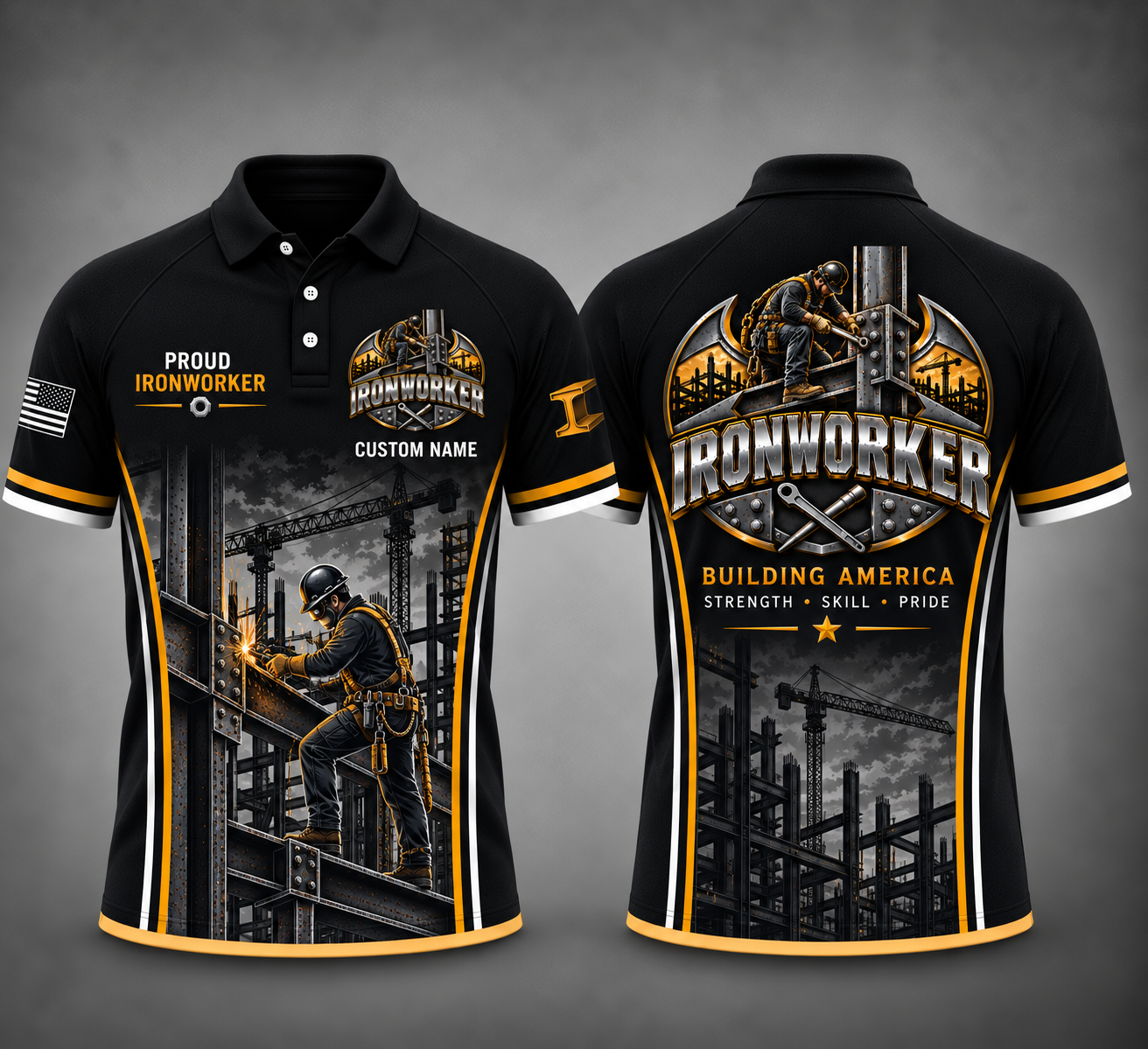 Custom Name Ironworker Building America Proud Ironworker Polo Shirt