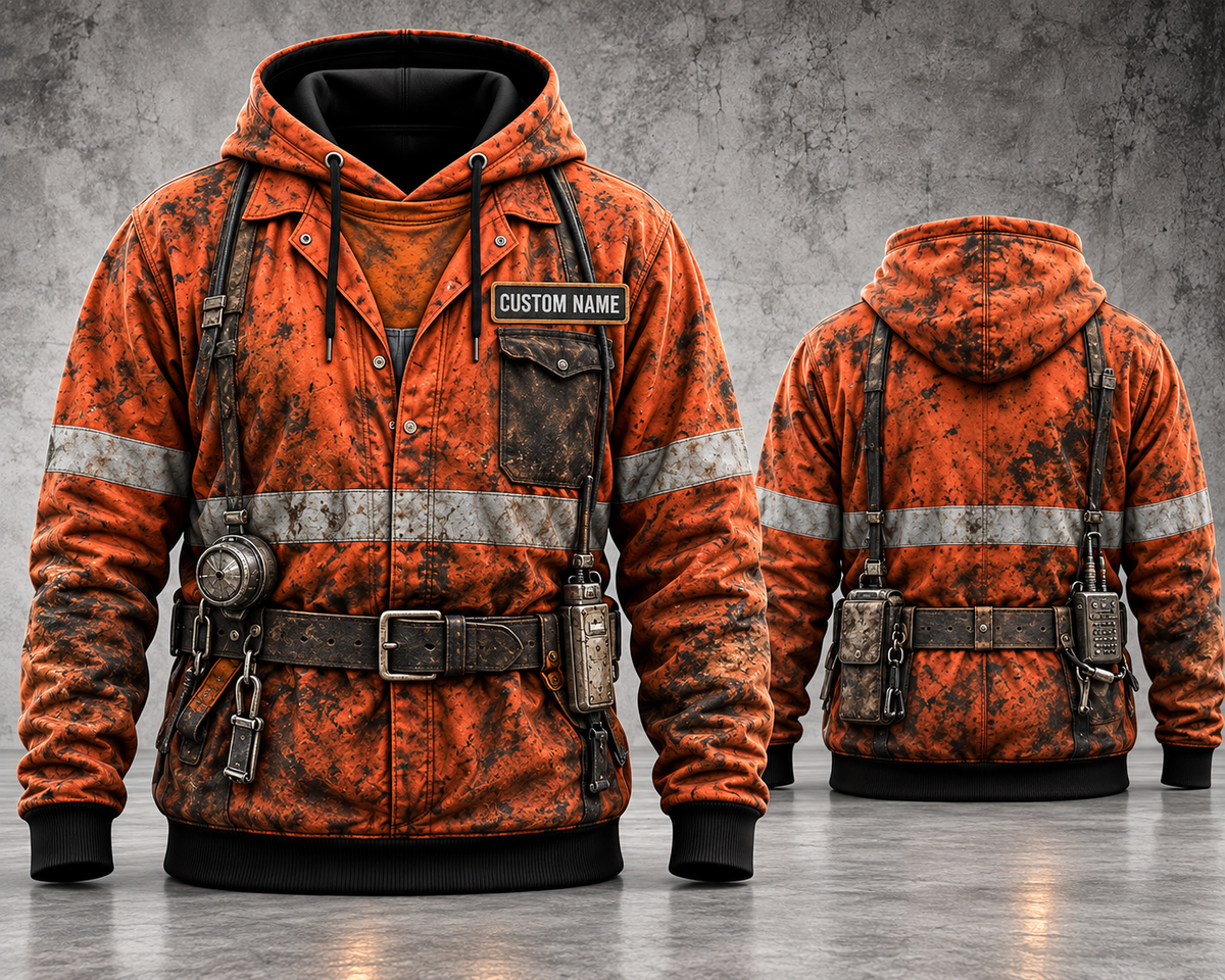 Personalized Underground Miner Orange Safety 3D Hoodie - Custom Name Mining Workwear