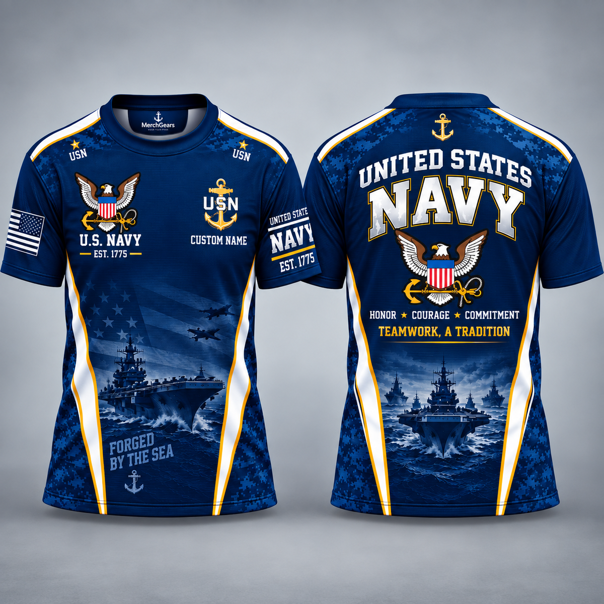 Custom Name United States Navy Veteran 3D T-Shirt - Forged By The Sea