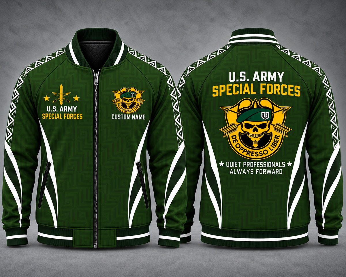 Custom Name US Army Special Forces Green Beret AOP Fleece Bomber Jacket