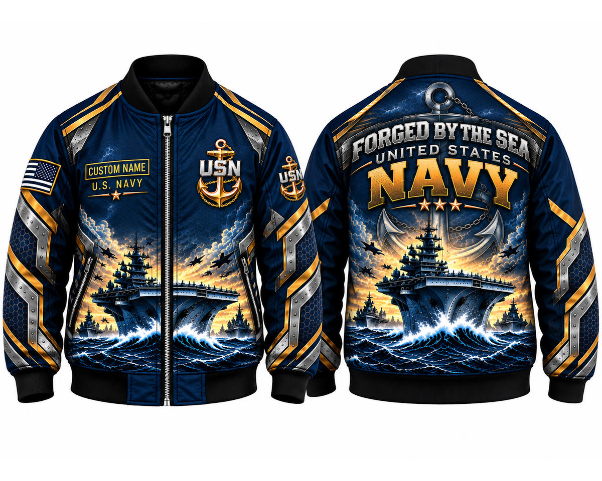 Custom Name US Navy Forged By The Sea AOP Fleece Bomber Jacket
