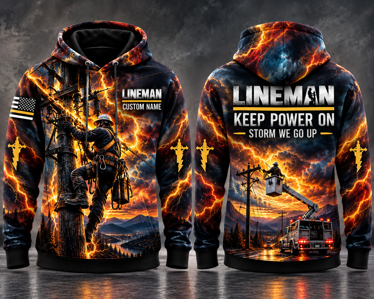 Lineman Keep Power On Storm We Go Up Custom Name 3D Hoodie - Lightning Storm Lineworker Gift