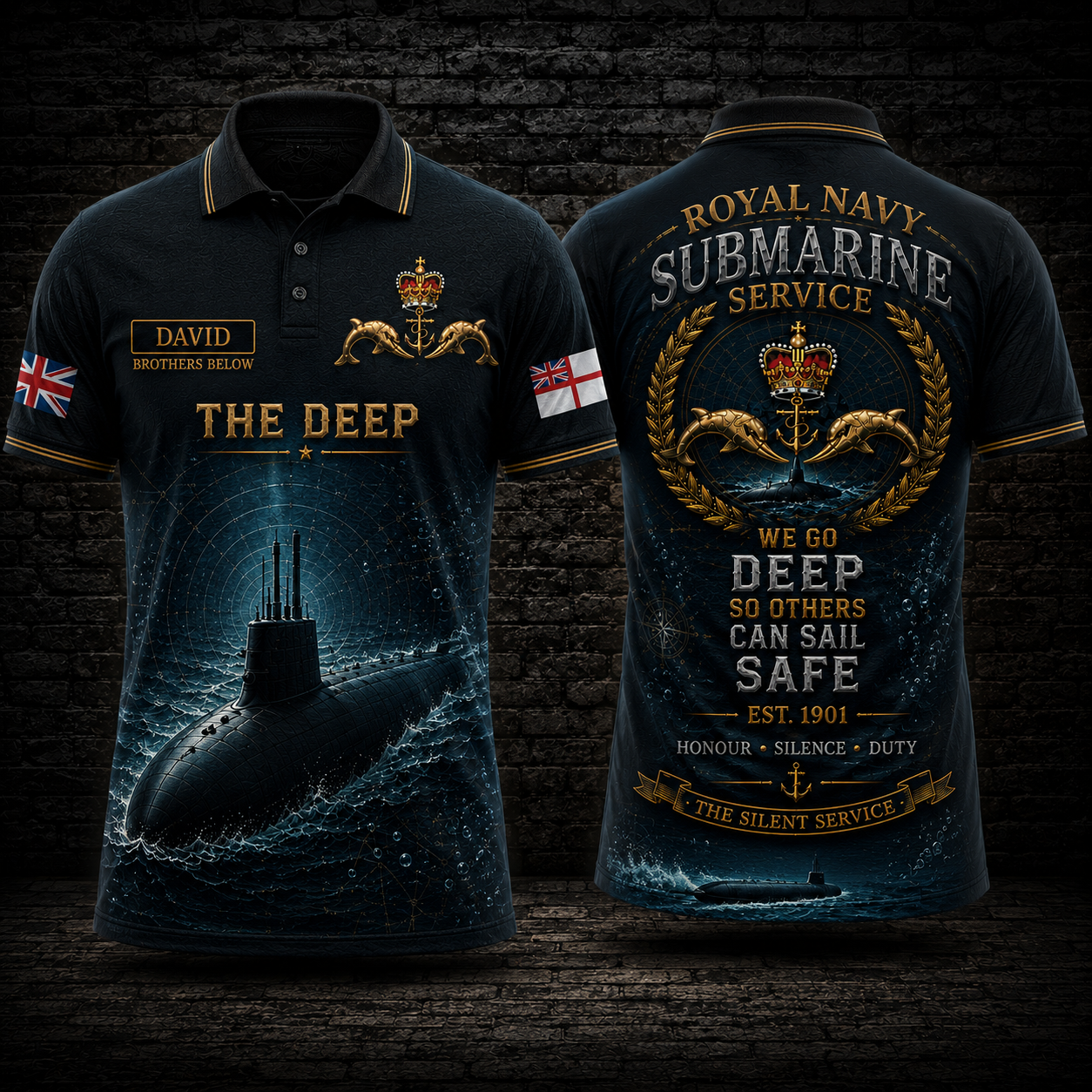 Custom Name Royal Navy Submarine Service The Deep Polo Shirt