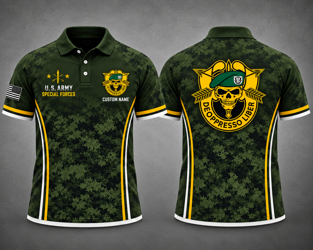 Custom Name US Army Special Forces Green Beret Camo Polo Shirt