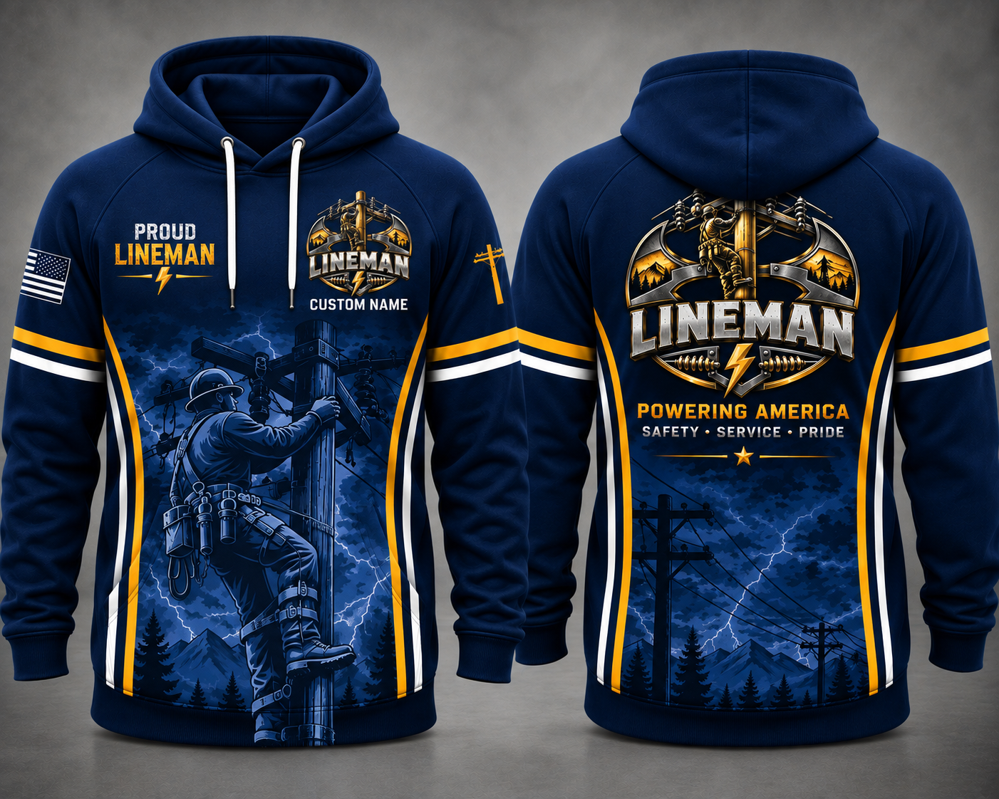 Proud Lineman Powering America Custom Name 3D Hoodie