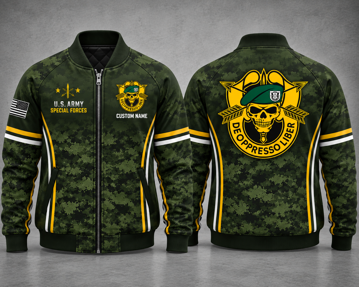 Custom Name US Army Special Forces Green Beret AOP Fleece Bomber Jacket