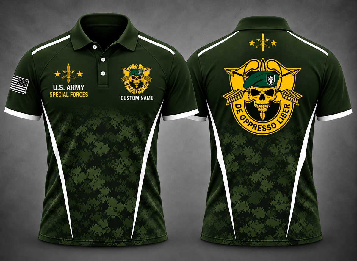 Custom Name US Army Special Forces Green Beret Camo Polo Shirt