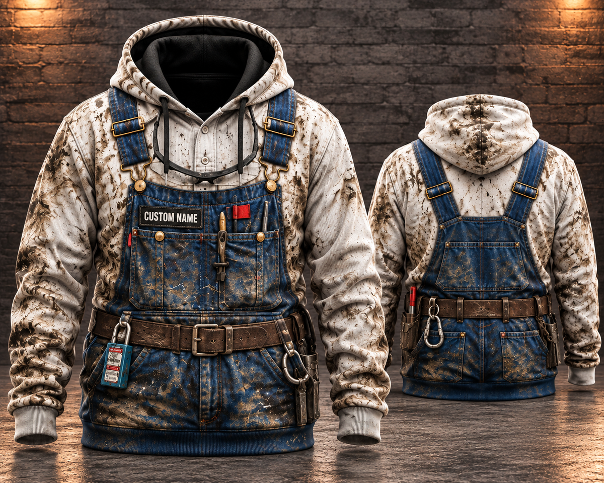 Personalized Underground Miner Denim Overalls 3D Hoodie - Custom Name Mining Workwear