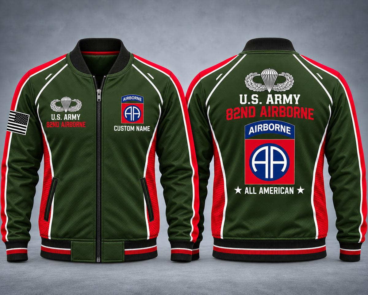 US Army 82nd Airborne All American Custom Name AOP Fleece Bomber Jacket