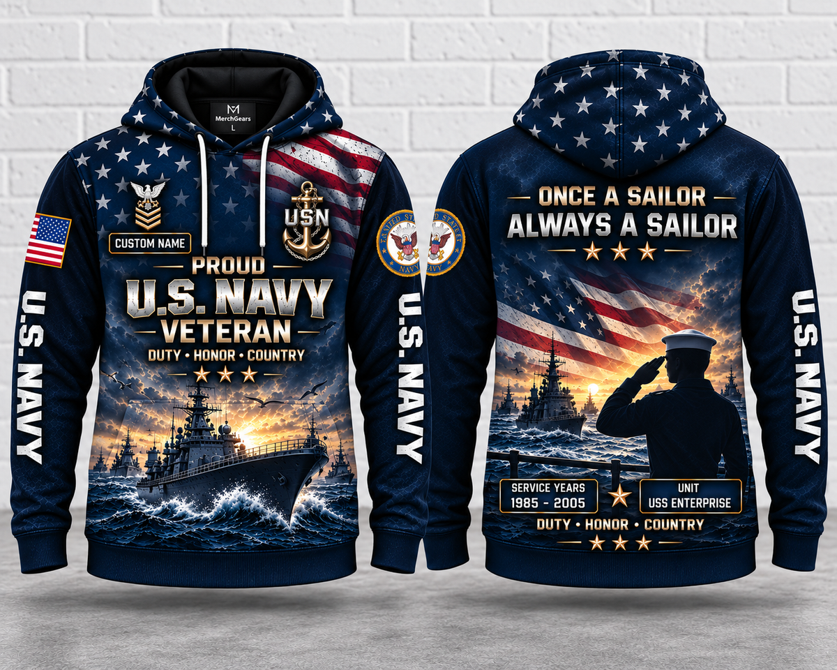 Personalized US Navy Veteran 3D Hoodie - Custom Name, Service Years & Unit