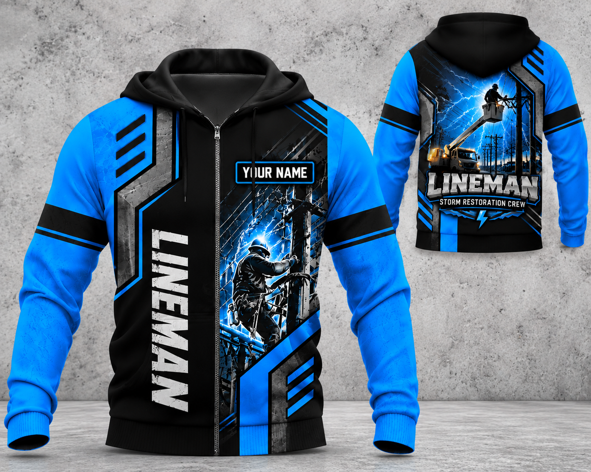 Personalized Lineman Storm Restoration Crew 3D Zip Hoodie - Electric Blue Power Lineman Hoodie