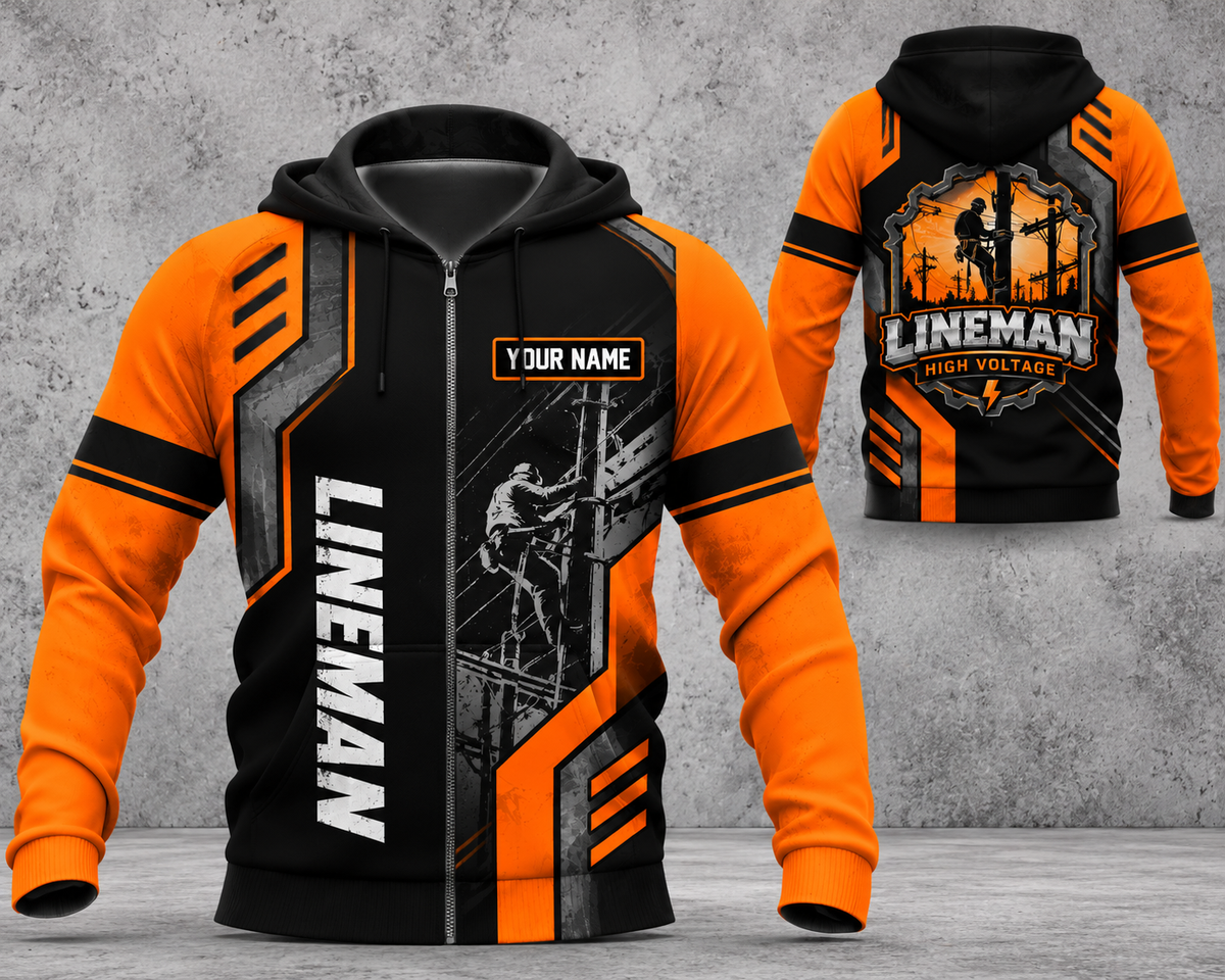 Personalized Lineman High Voltage 3D Zip Hoodie - Orange & Black Power Lineworker Hoodie