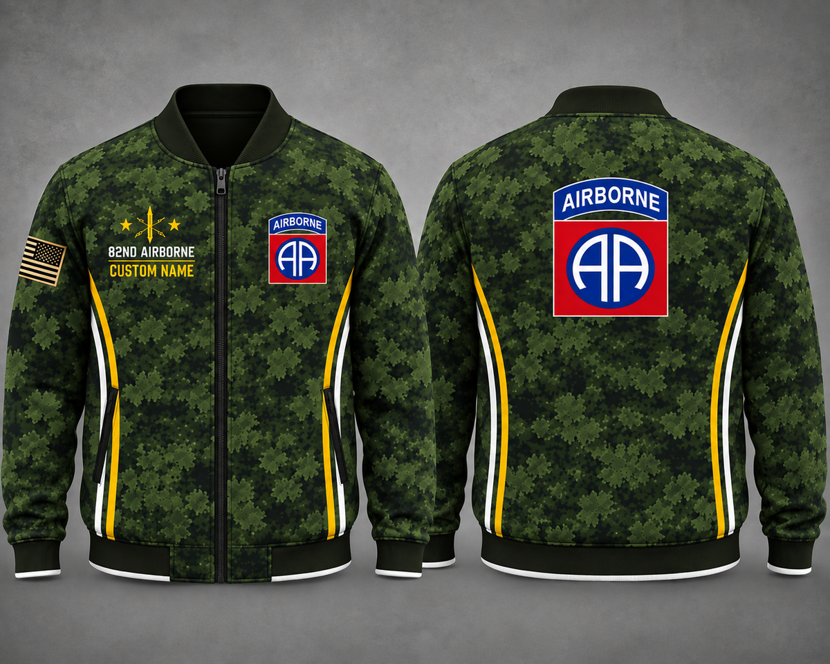 Custom Name US Army 82nd Airborne Camo AOP Fleece Bomber Jacket