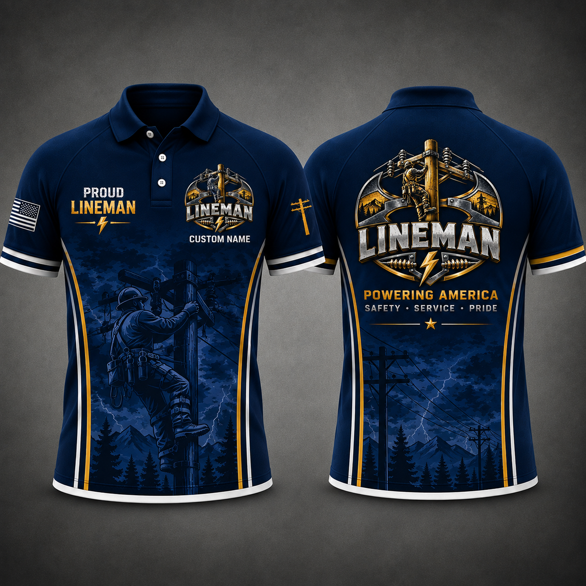 Custom Name Proud Lineman Powering America Polo Shirt