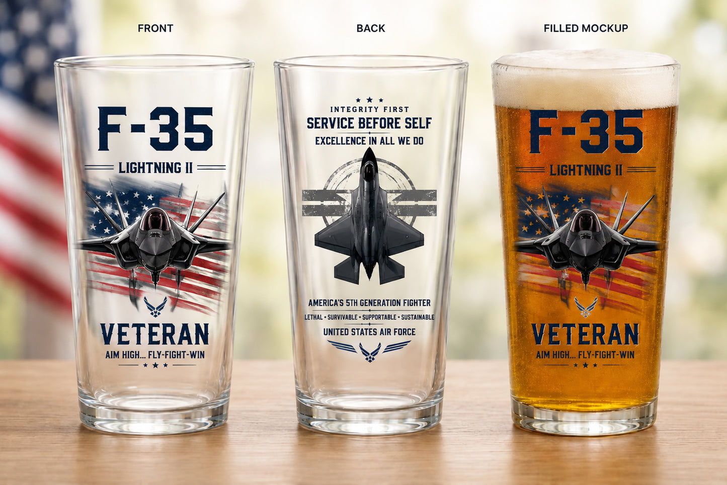 US Air Force F-35 Lightning II Veteran 16oz Pint Beer Glass