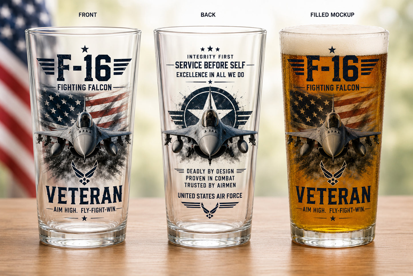 US Air Force F-16 Fighting Falcon Veteran 16oz Pint Beer Glass