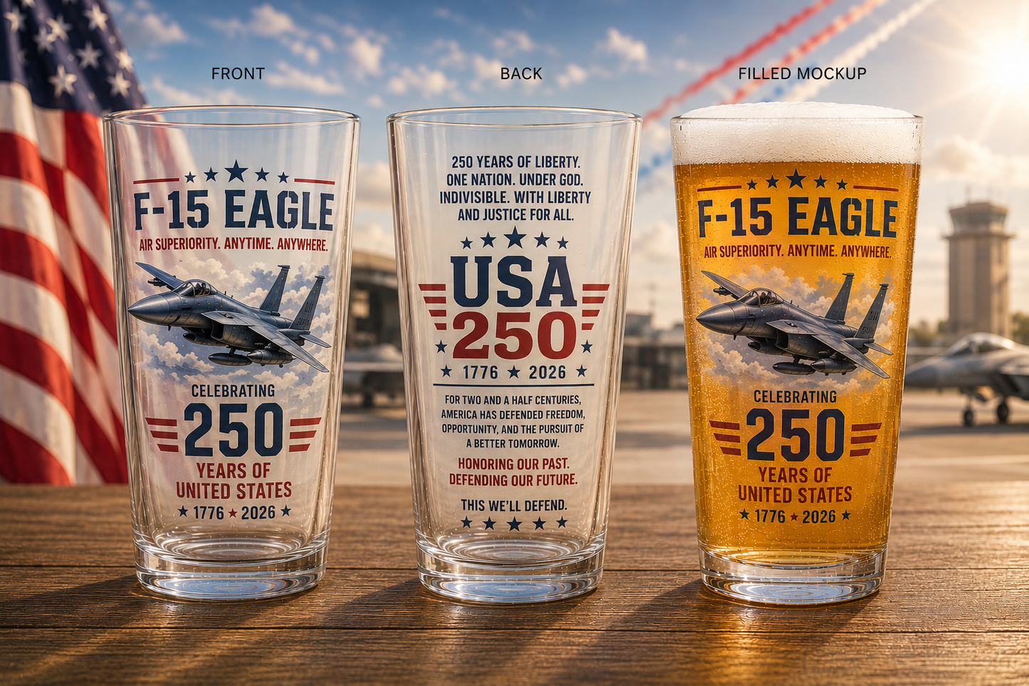 US Air Force F-15 Eagle USA 250th Anniversary Pint Beer Glass – Patriotic American Aviation Gift 1776–2026 Barware 16 oz Print Glass Beer