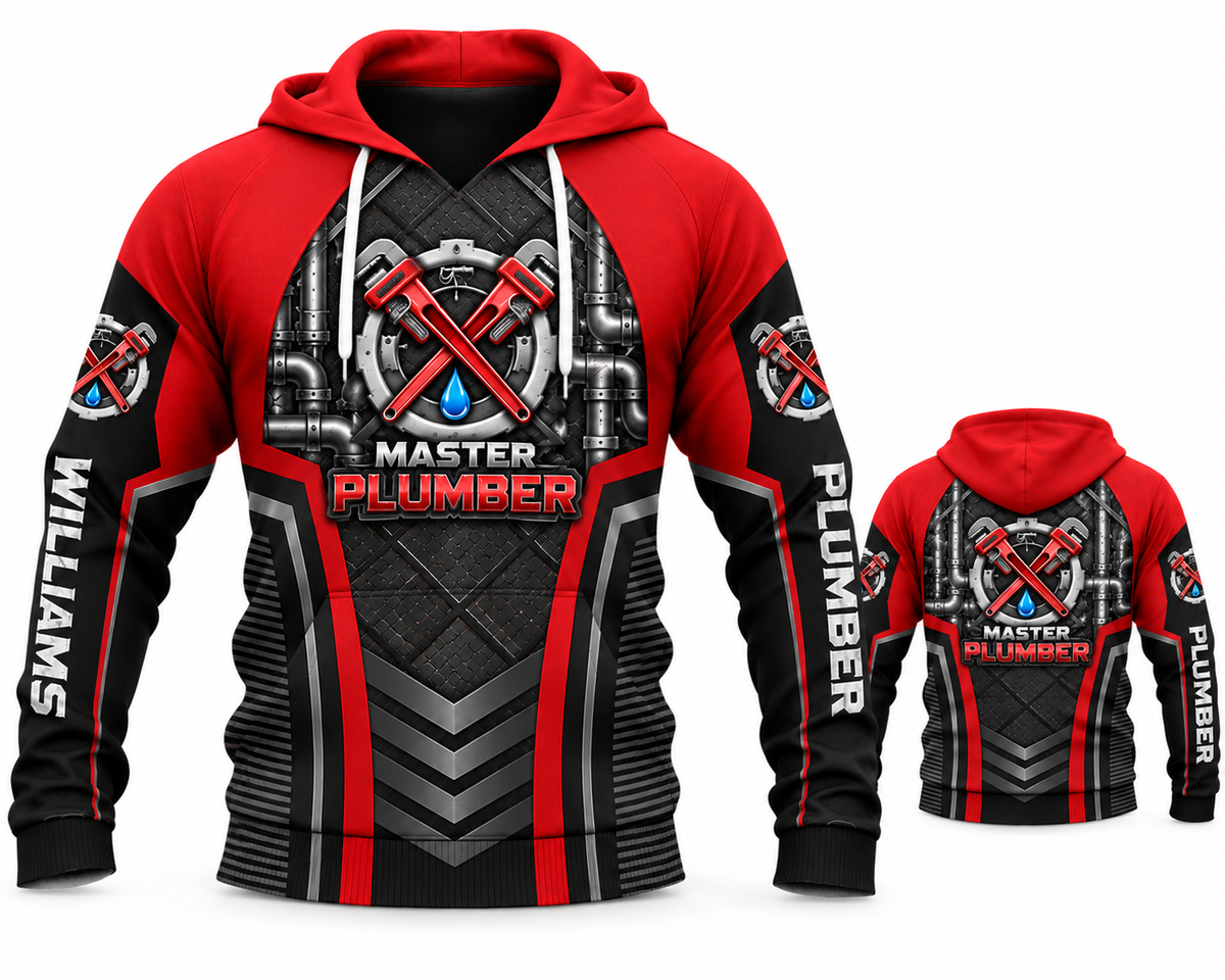 Personalized Master Plumber 3D Hoodie - Red Steel Pipe Wrench Design