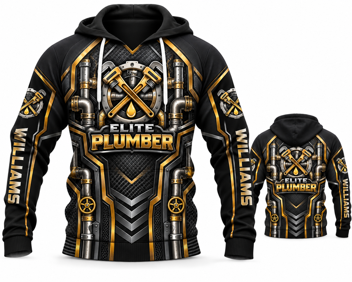 Personalized Elite Plumber Black Gold 3D Hoodie - Custom Name