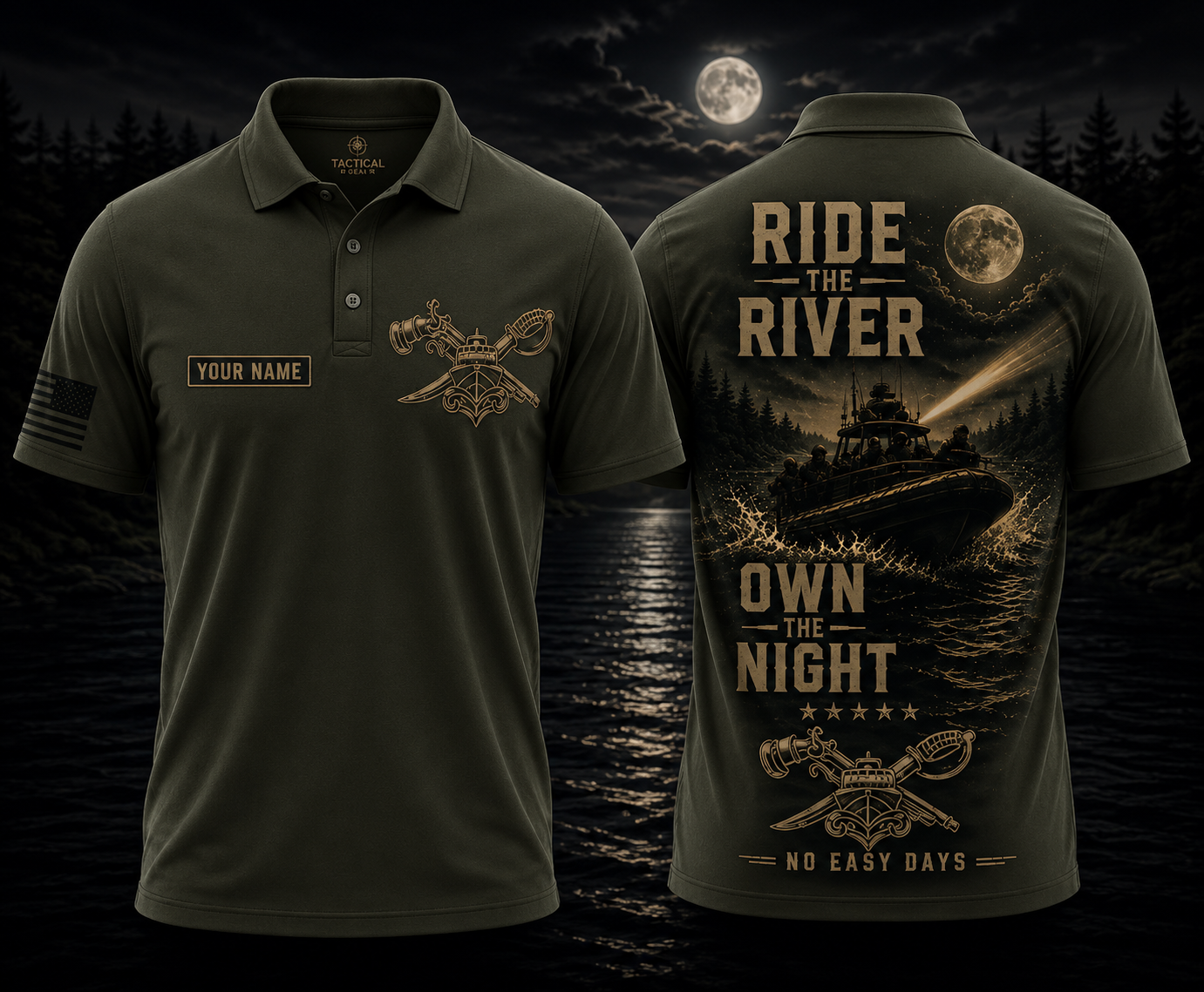 Custom Name Ride The River Own The Night Tactical Polo Shirt