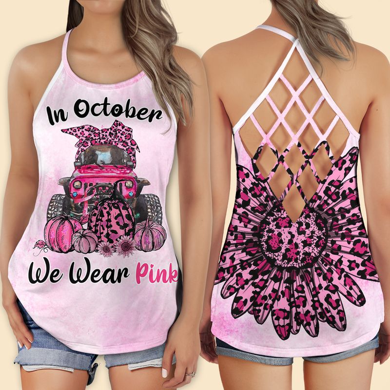 Jp In October We Wear Pink AOP Criss Cross Open Back Tank Top