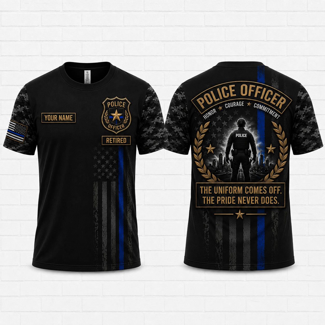 Custom Name Retired Police Officer Thin Blue Line 3D T-Shirt - Honor Courage Commitment Gift