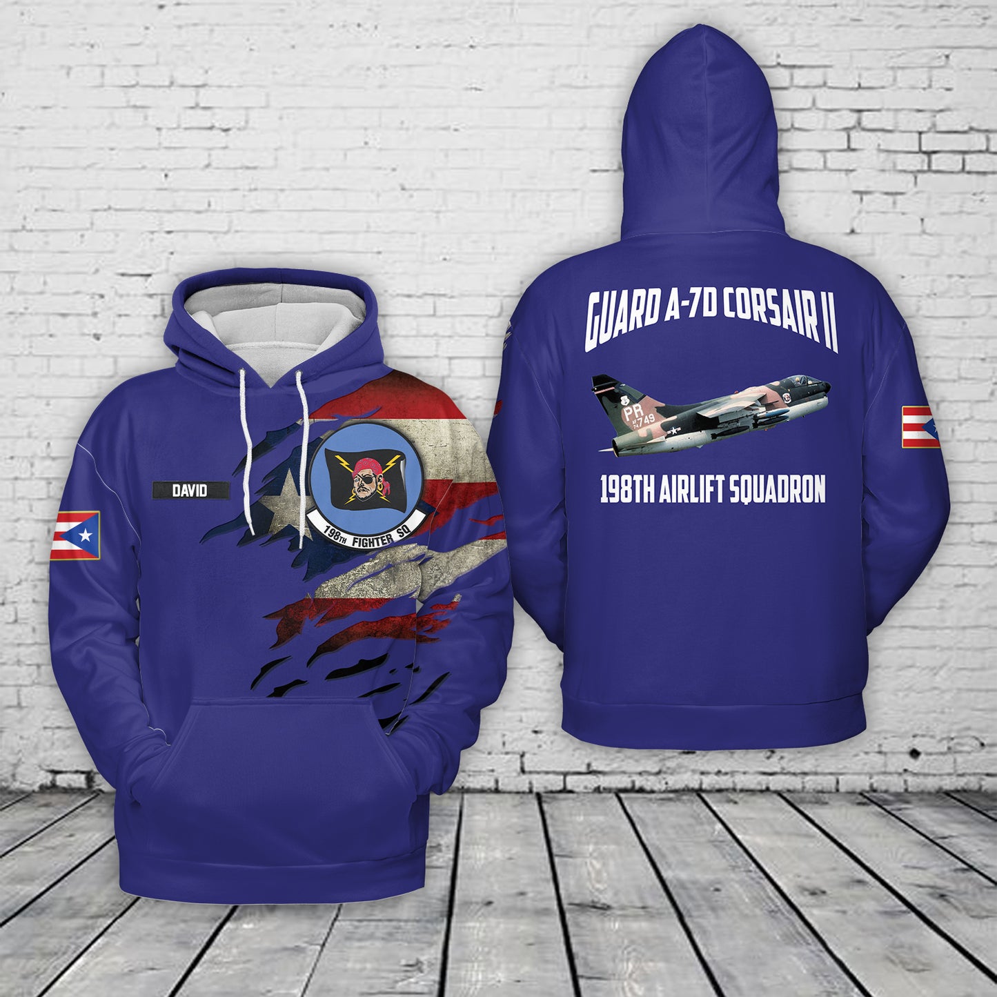Custom Name Puerto Rico Air National Guard A-7D Corsair II 198th Airlift Squadron 3D Hoodie