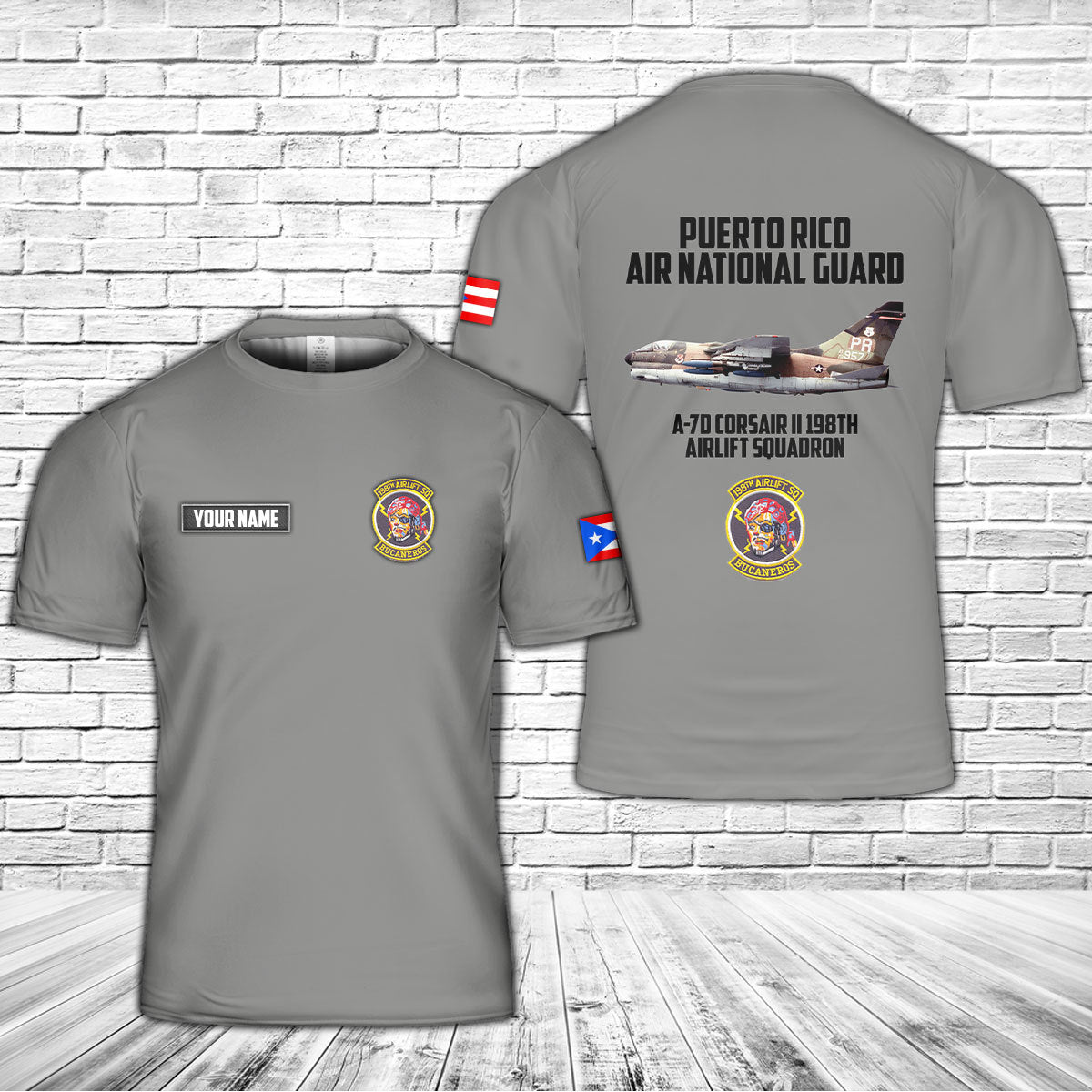 Custom Name Puerto Rico Air National Guard A-7D Corsair II 198th Airlift Squadron T-Shirt 3D