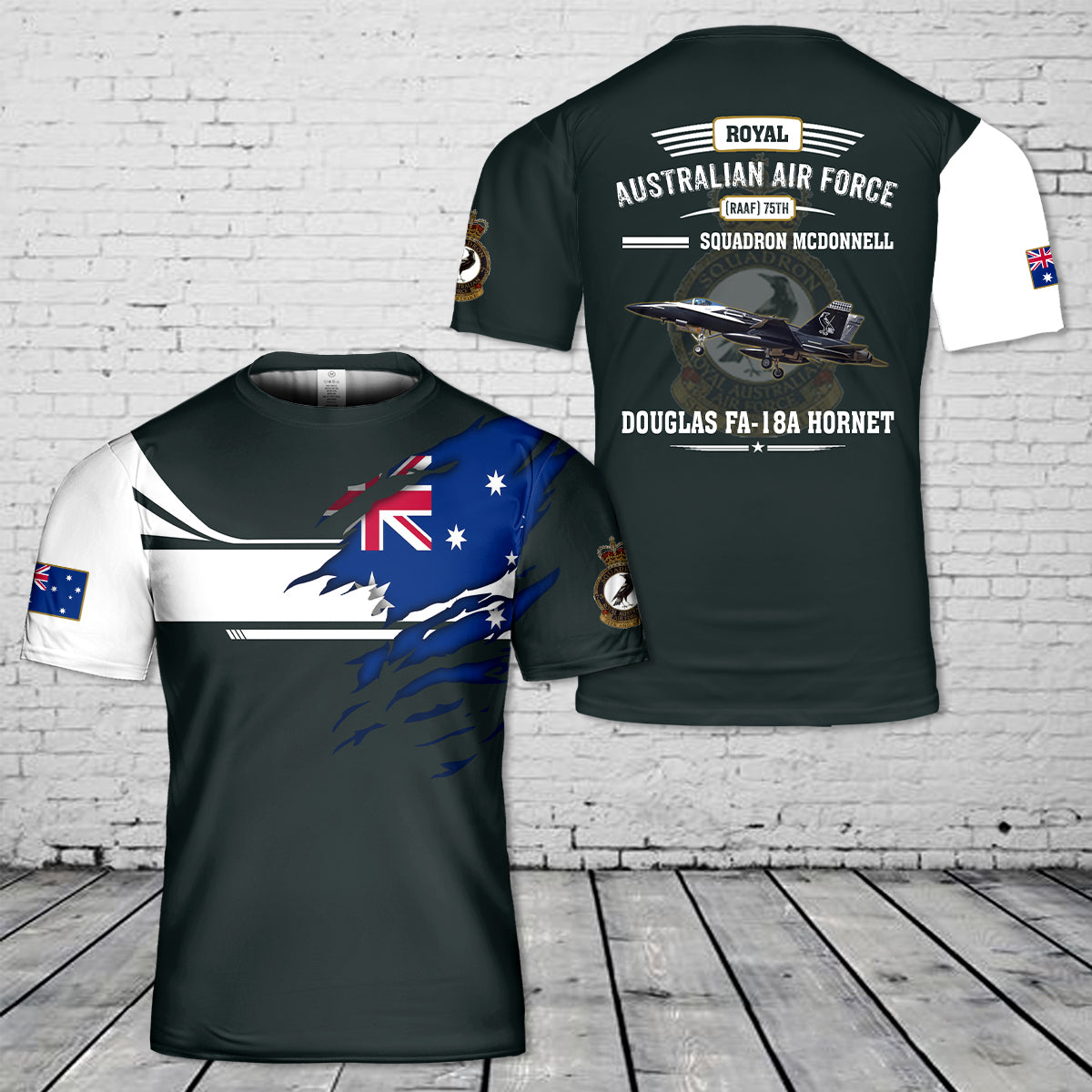 Custom Name Royal Australian Air Force (RAAF) 75th Squadron McDonnell Douglas FA-18A Hornet 3D T-shirt