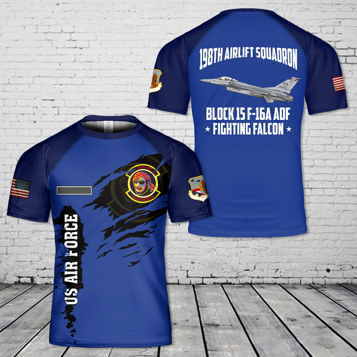 Custom Name US Air Force Puerto Rico Air National Guard 198th Airlift Squadron Bucaneros Block 15 F-16A ADF Fighting Falcon T-Shirt 3D