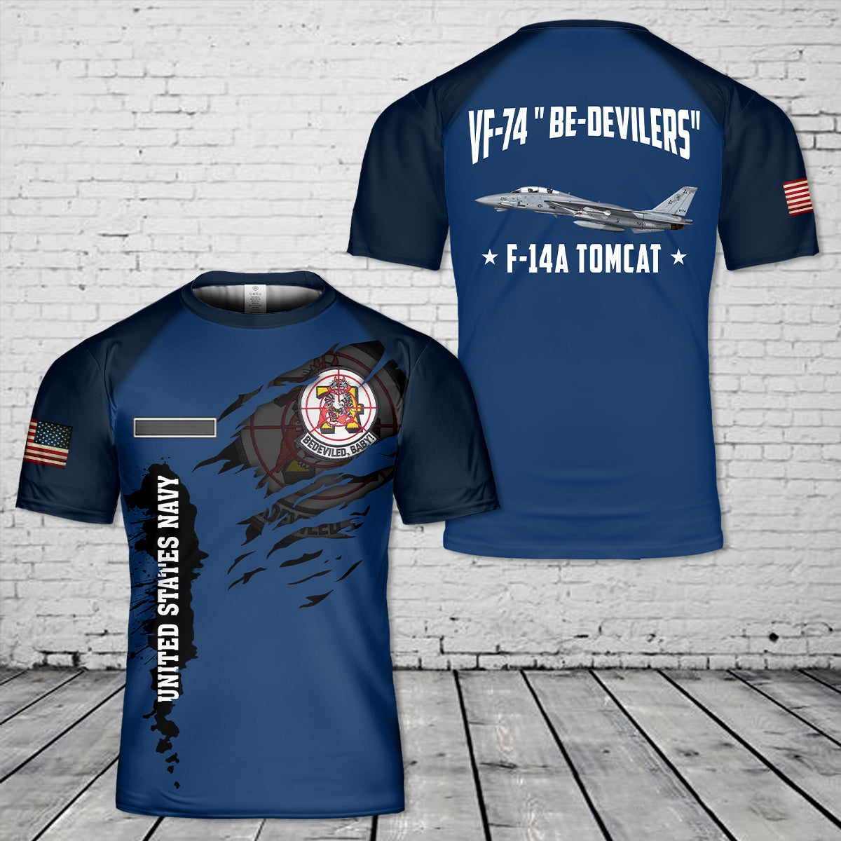 Custom Name US Navy F-14A Tomcat Of VF-74 " Be-Devilers" T-Shirt 3D
