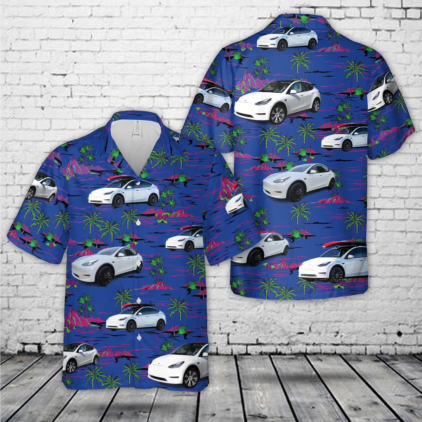 Tesla Model Y White Hawaiian Shirt
