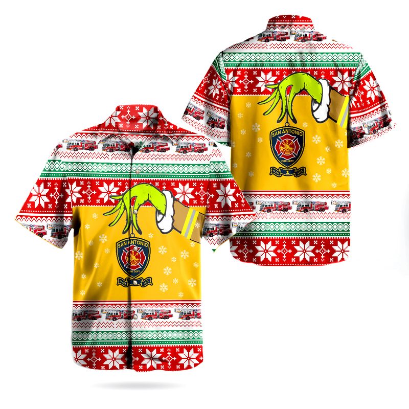 San Antonio Fire Department Aerial Platform Fire Truck Ugly Christmas Hawaiian Shirt