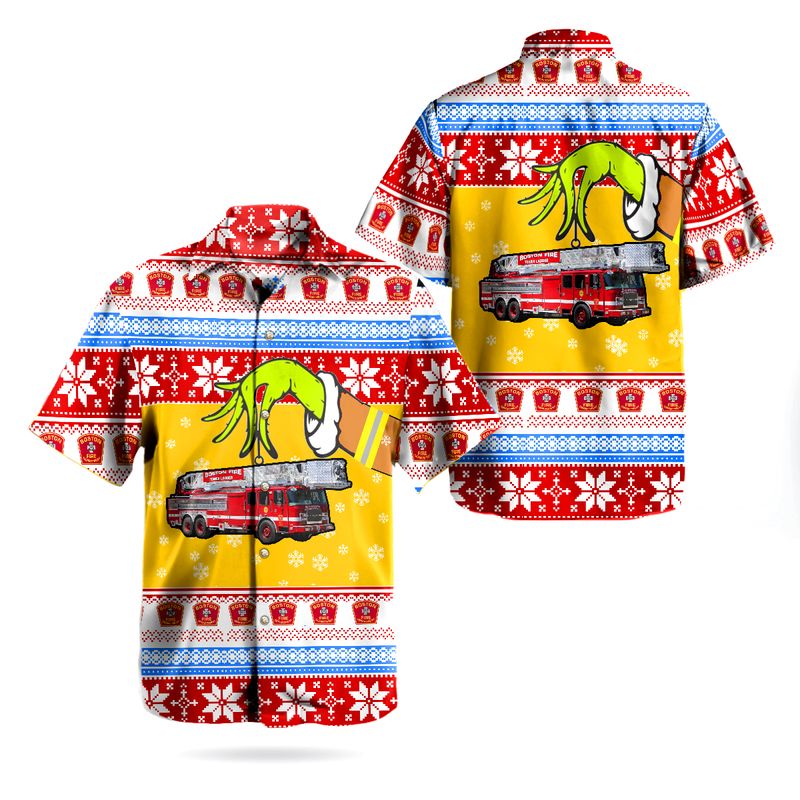 Boston Fire Department Tower Ladder Ugly Christmas Hawaiian Shirt