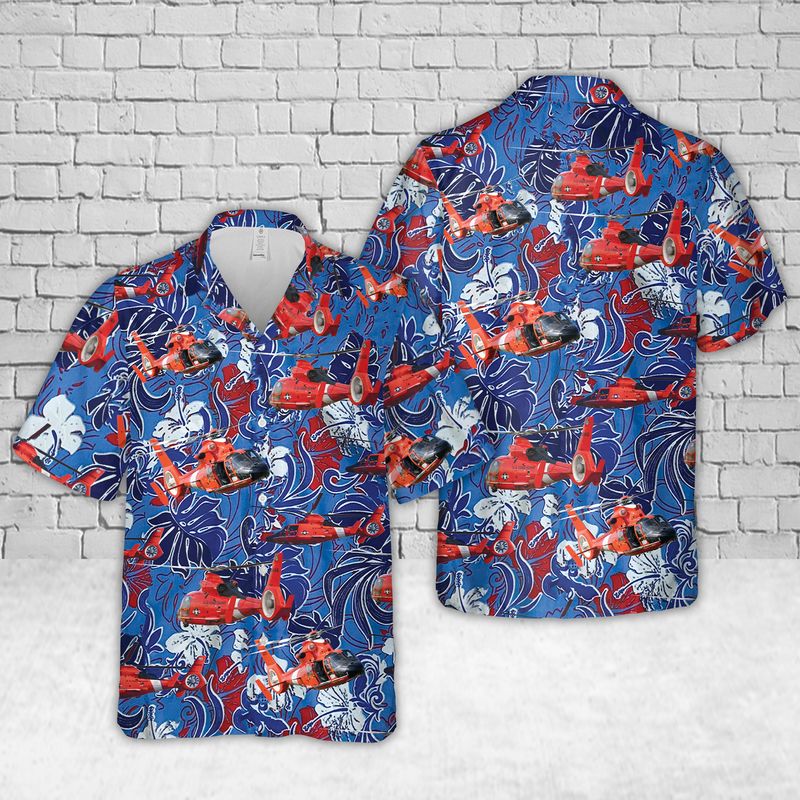 US Coast Guard Eurocopter MH-65 Dolphin Helicopter Firework Hawaiian Shirt