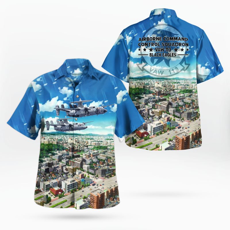 US Navy Airborne Command & Control Squadron 113 (VAW-113) E-2A Hawkeye Black Eagles Hawaiian Shirt