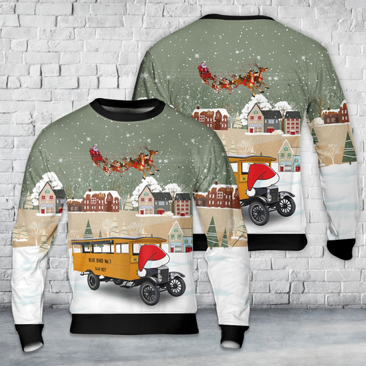 1927 "Blue Bird No. 1" School Bus AOP Christmas Sweater